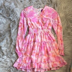 Women’s Pink Tie-Dye Smocked Waist Long-Sleeve Dress